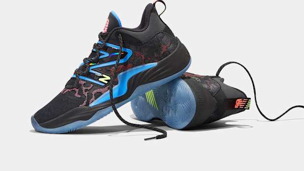 Black and blue New Balance shoes.